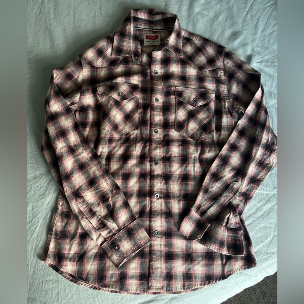 Wrangler brand pink plaid flannel